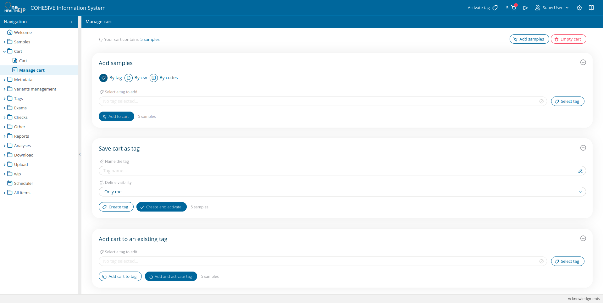 Aggiungi campioni/Svuota carrello manage cart